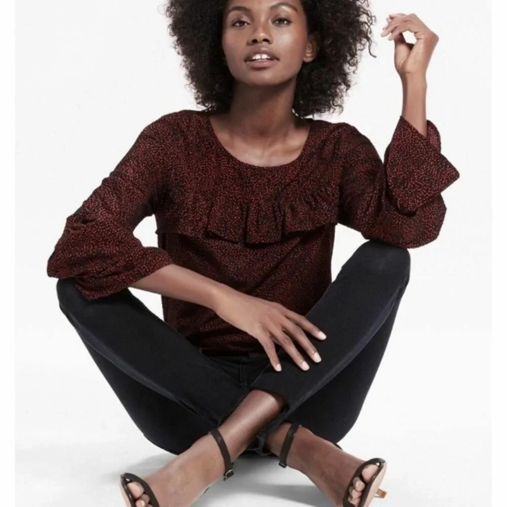 Lucky Brand Ruffle Bell Long Sleeve Polka Dot Blouse Black Red Size M